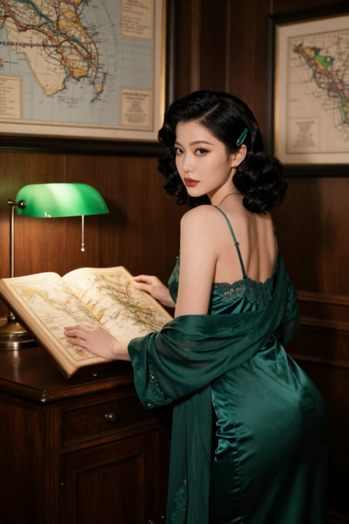 CoinAsiaMap muse in an emerald backless slip beside an open antique atlas